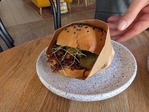 Pulled tofu bun at Eter Vegan Bakery in Warsaw