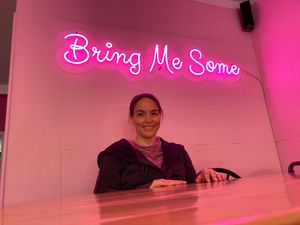 Tammi getting ready for her first sit-down meal at Bring Me Some. at Bring Me Some in Hamilton