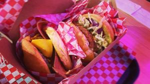 Damn Gurl, Yous A Pineapple with bacun, cheese, and spicy sauce.  

Emotional Cabbage with spicy sauce. at Bring Me Some in Hamilton