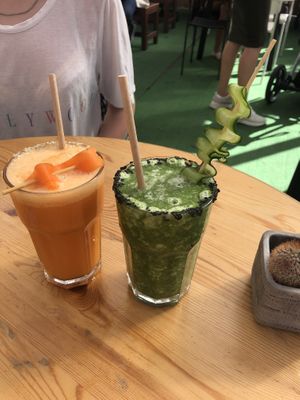 Yellow and Green smoothies  at Pistacho Coffee Brunch in Tenerife