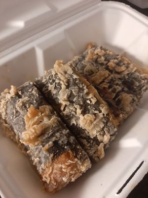 Kelp and bean curd roll - not very pretty to look at, but yummy crunchy texture on the outside and soft bean curd inside with lots of strong seaweed flavour at 4 Stones Vegetarian Cuisine in Richmond