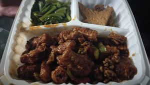 Kung pao bean curd rolls with rice and herbal soup at 4 Stones Vegetarian Cuisine in Richmond