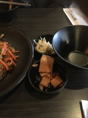 Danchan: bean sprouts at the back, pickled radish at the front at Hanjan Oliver in Edmonton