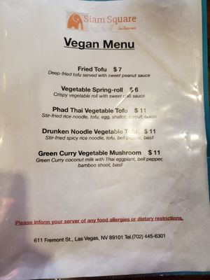 Vegan Menu at Bangkok Street in Las Vegas