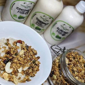 Plant based milks and our Sweetgrainᵀᴹ granola at Michele's Vegan Kitchen in Lagos