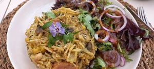 Jackfruit 'bacalao' - vegan version of a traditional Portuguese dish (really yummy!) at Cocos Veggie e Tal in Foz Do Arelho