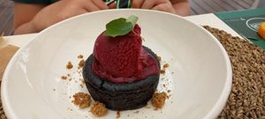 Chocolate coulant with red berry sorbet at Cocos Veggie e Tal in Foz Do Arelho