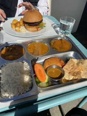steak burger and thali from the daily menu. at Vegan Food Heaven in Barcelona