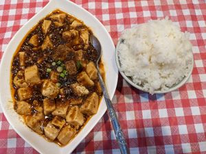 Vegan mabo tofu at Takamiya Hanten in Fukuoka