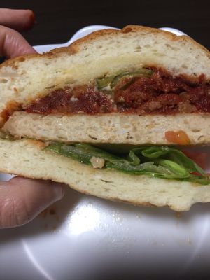 Our take out burger— soggy but yummy  at The Vegetarian Butcher Ikebukuro in Tokyo