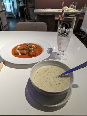 2 starters: mushroom soup and meatballs in marinara at The Vegetarian Butcher Ikebukuro in Tokyo