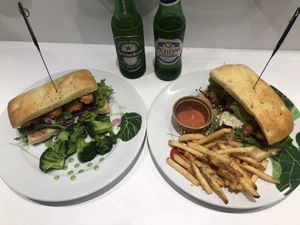 Burger with fries and one with broccoli   at The Vegetarian Butcher Ikebukuro in Tokyo