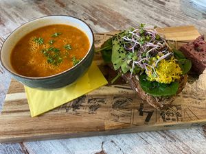 Soup of the day (tomato) and sandwich and cake deal.  at Stek in Venlo