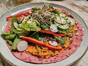 Open, colorful wrap with muhammara, peppers, spinach and cucumber at Stek in Venlo
