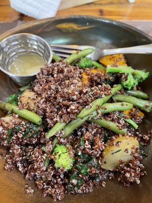 Quinoa salad, warm, with green beans, potatoes, broccoli, and spinach!  at Ejona in Tirana