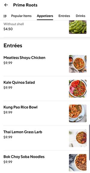 Doordash menu  at Prime Roots in San Francisco