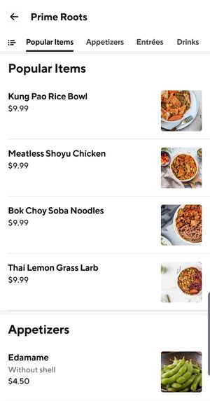 Doordash menu  at Prime Roots in San Francisco