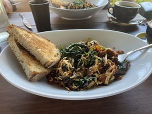 Tofu, sun dried tomatoes, mushrooms & spinach. Absolutely delicious!  at Mockingbird Cafe in Kingscliff