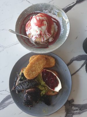 Dairy strawberry pancakes and the Avocado/mushroom smash made vegan at Tilly Divine Kitchen & Bar in Warrnambool