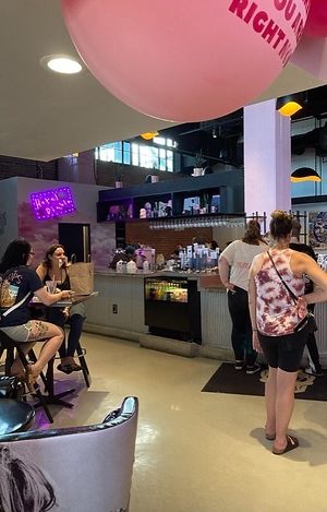 Interior seating. Waiting in line to order, Sunday morning  at 27 Club Coffee in Cleveland