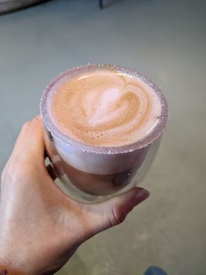 Pink latte with almond milk at 27 Club Coffee in Cleveland