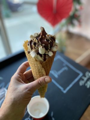 Soft serve plant based with a hard shell and nuts and vegan marshmallows  at Moo-Over in Columbia City