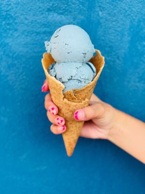 Blue sky ice creme in our scratch made waffle cones that are super delicious.
All made from scratch.  Completely Vegan and gluten free at Moo-Over in Columbia City