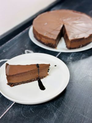 Soybean butter fudge cheesecake.  We are peanut free as well All made from scratch.  Completely Vegan and gluten free
 at Moo-Over in Columbia City