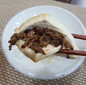 Golden enoki-stuffed tofu 황금팽이버섯두부 - close-up at Temple Food Doban - 사찰음식도반 | in Seoul