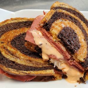 Vegan reuben using honest pastures corned beaf at JMT Vegan Eats in Virginia Beach