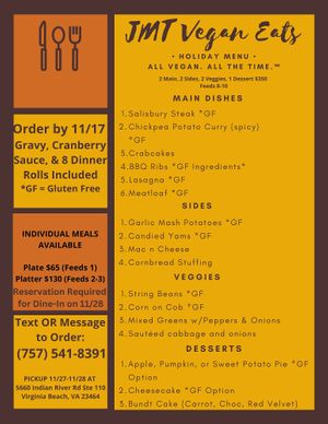 Thanksgiving menu at JMT Vegan Eats in Virginia Beach