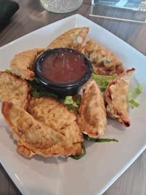 Kale, spinach, Coen & tofu wrapped in a half crescent dumpling. Served with Thai Chili dipping sauce at Cheezy Vegan in Woodlyn