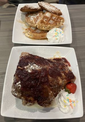 Chicken & waffles and Sweet Cheezus French toastt  at Cheezy Vegan in Woodlyn