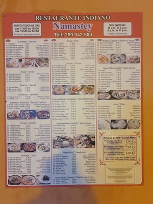 Menu at Namastey in Faro