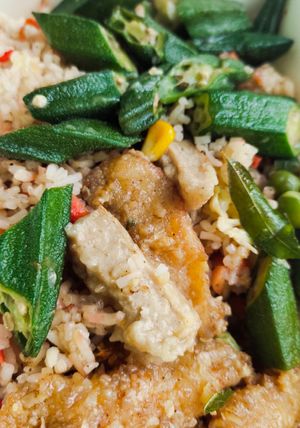 Fried rice with lady fingers and cereal prawn at Original Taste Foods 老味道 in Central Singapore