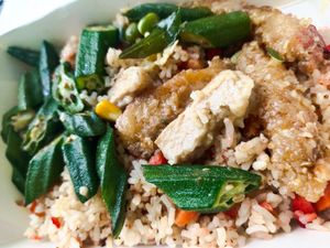 Fried rice with lady fingers and cereal prawn at Original Taste Foods 老味道 in Central Singapore