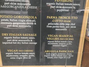 Menu showing some of the vegan offerings (N.B.: they usually do offer one vegan cheese pizza each day).  at My Pie Pizzeria Romana - Lexington in New York City