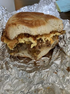 Vegan breakfast sandwich - just egg, cheeze, tempeh bacon & vegan sausage  at Tree Town Cafe in Penfield