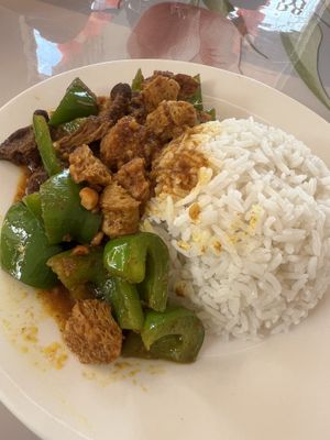 Lemongrass mock meat with rice  at Cheerful House in Siem Reap