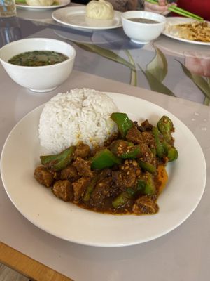 Rice with mock meat  at Cheerful House in Siem Reap