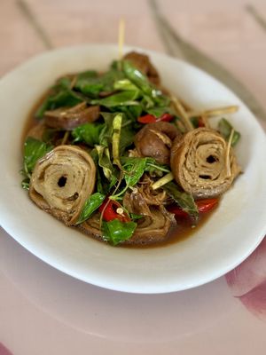 Spicy stir fried mock meat with holy basil and kaffir lime leaves   at Cheerful House in Siem Reap