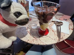 My pug and I enjoying the chocolate fruit salad   at Dirty Coco in Stockholm