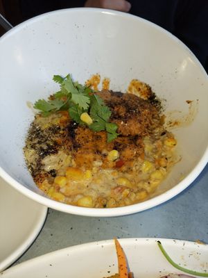 Crab cake corn and grain bowl at The Vegan Club in Cleveland