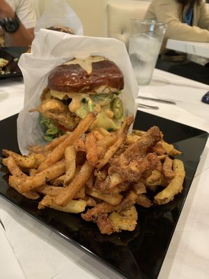 Hot vegan chicken sandwich  with French fries (huge!)  at The Vegan Club in Cleveland