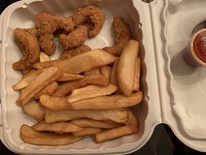 Fried shrimp with french fries at Flame On Vegan in Agawam