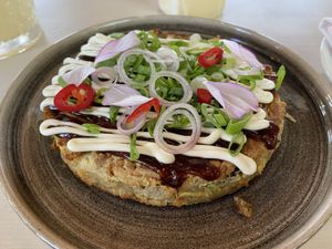 Okonomiyaki, Japanese cabbage pancake (tasty, but quite spicy)  at Mama Gaia in Haarlem