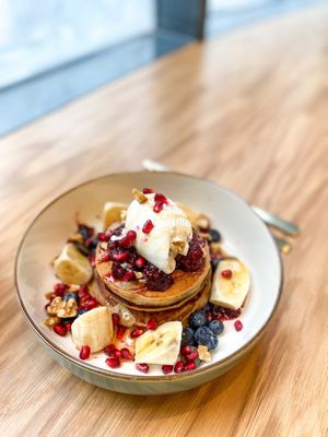 Gluten Free Buckwheat Pancakes served with a scoop of vegan ice cream 🦄 at The Vibe in Liverpool