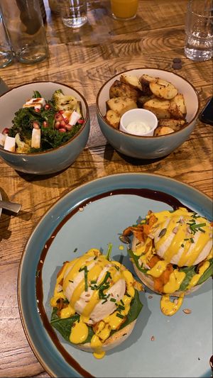 Veggs royale, kale and feta salad, potato bites with aioli  at The Vibe in Liverpool