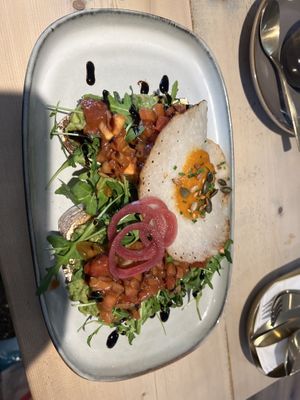 Avocado toast with added vegan fried egg  at The Vibe in Liverpool