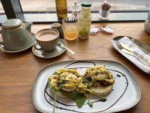 Veggs Royale, breakfast tea and apple juice.   at The Vibe in Liverpool